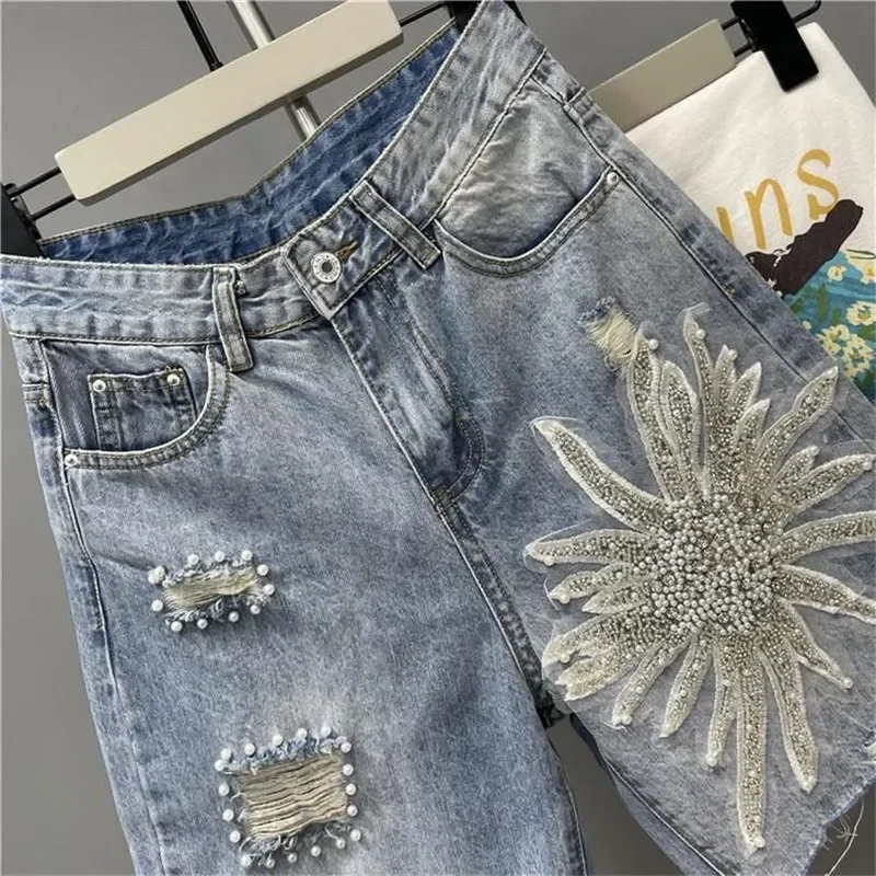 Summer Nail bead 3D three-dimensional flower Denim Shorts Women European High Waist Washed Pants Stretchy Jeans pants 250210