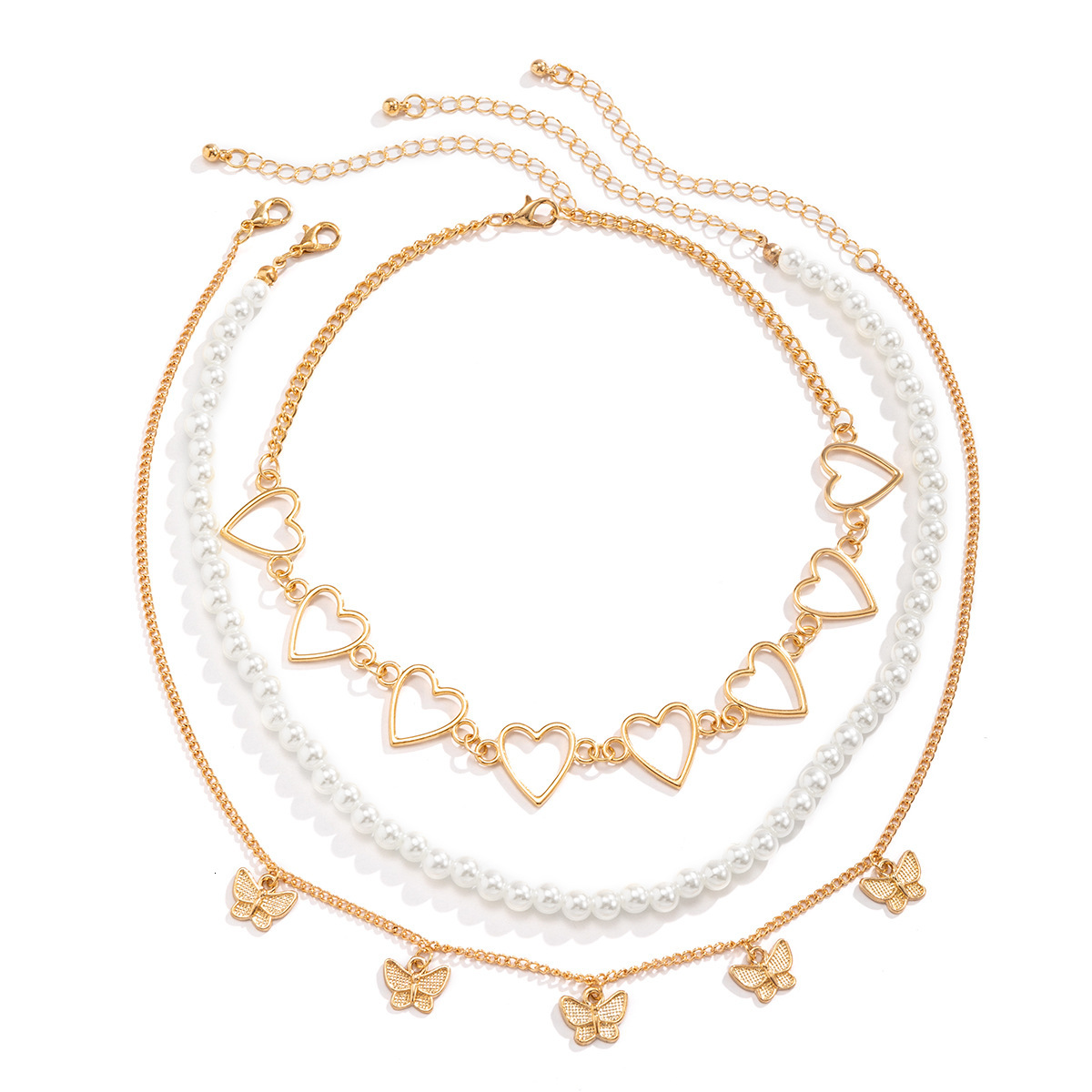 Jewelry Decoration Heart Hollow Neckchain Multi layered Punk Little Butterfly Imitation Pearl Necklace Ornament for Women