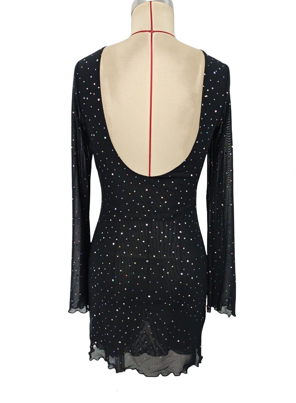 S1220 New elegant ladies black mesh sequins backless slim fit long sleeve dress