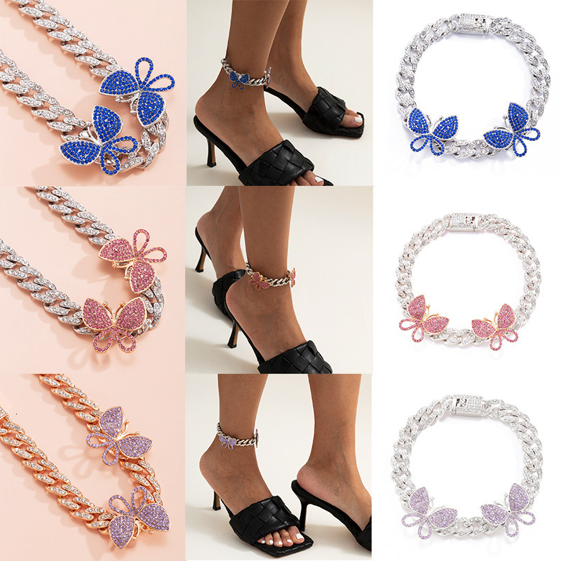Woman fashion Creative jewelry temperament Cuban buckle butterfly anklet hip-hop trend exaggerated dia embellishments