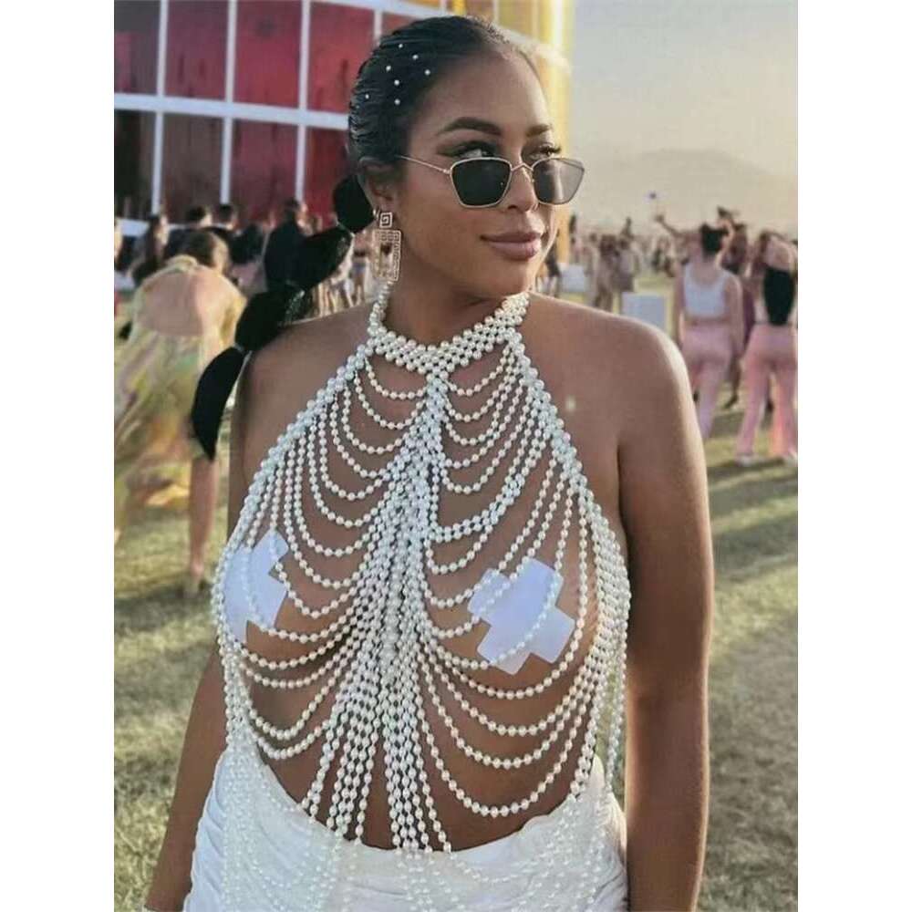 Body Jewelry Simulated Pearl Sexy Shawl Necklace Bra Tassels Fashion Bikini Chest Wrapping Chain Party