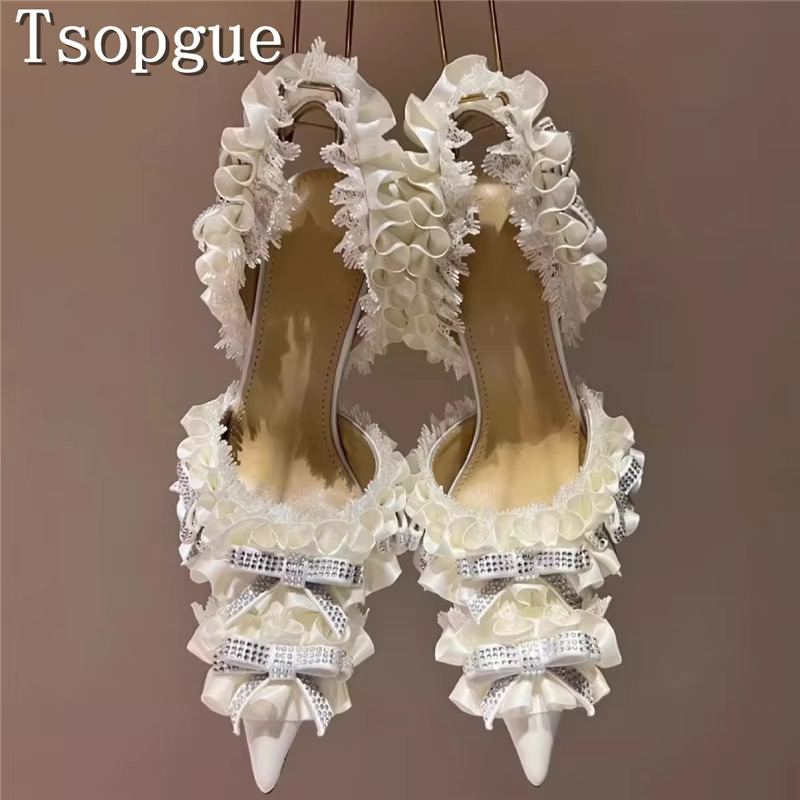 Design Rhie Bow Decoration Satin Pumps Women Elegant Pointed Toe Lace High Heels Sandals Bride Wedding Party Shoes