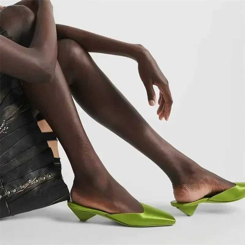 Luxury Satin Sandals Women Summer Sexy Square Head Strange Low Heel Slide Sandals Chunky Heel Elegant Design Mule Slippers Women Y250213