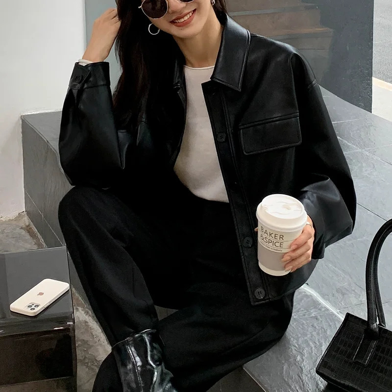 Black Cropped Leather Jacket Women Korean High Street Leather Blazers Women Vintage Streetwear Moto Bike Jacket Autumn 250213