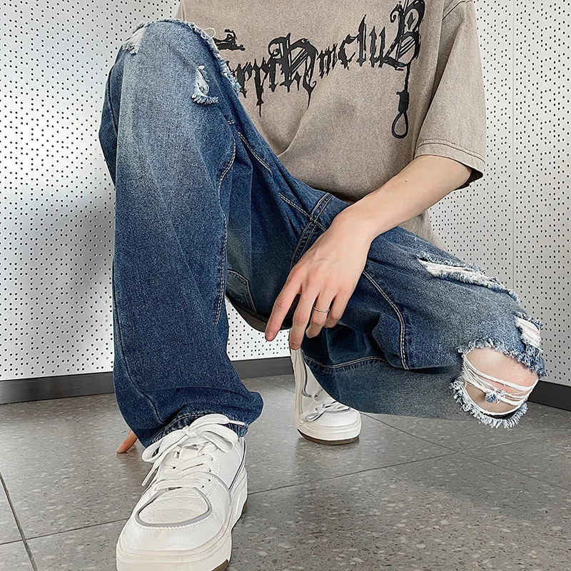 Ripped Denim Jeans For Mens Hole Ruined Straight Casual Street Wear Pants Hipster High Blue w250210