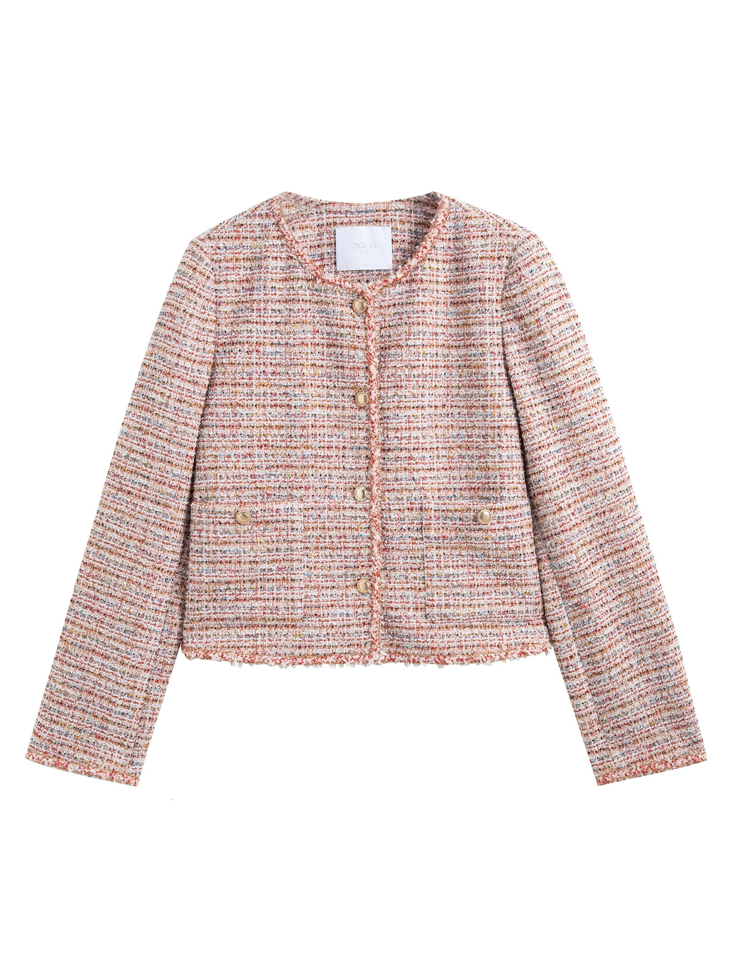 ZIQIAO Women T Jackets Spring Casual Short Coats Front Shoulder Round Neck Pink Jacket 25ZQ91184 250122