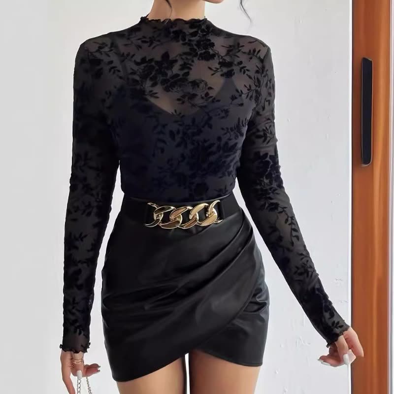 X0223 New Sexy Single-layer Braless Stand-up Collar Mesh Bottom Blouse Tops Women Women's T-shirt