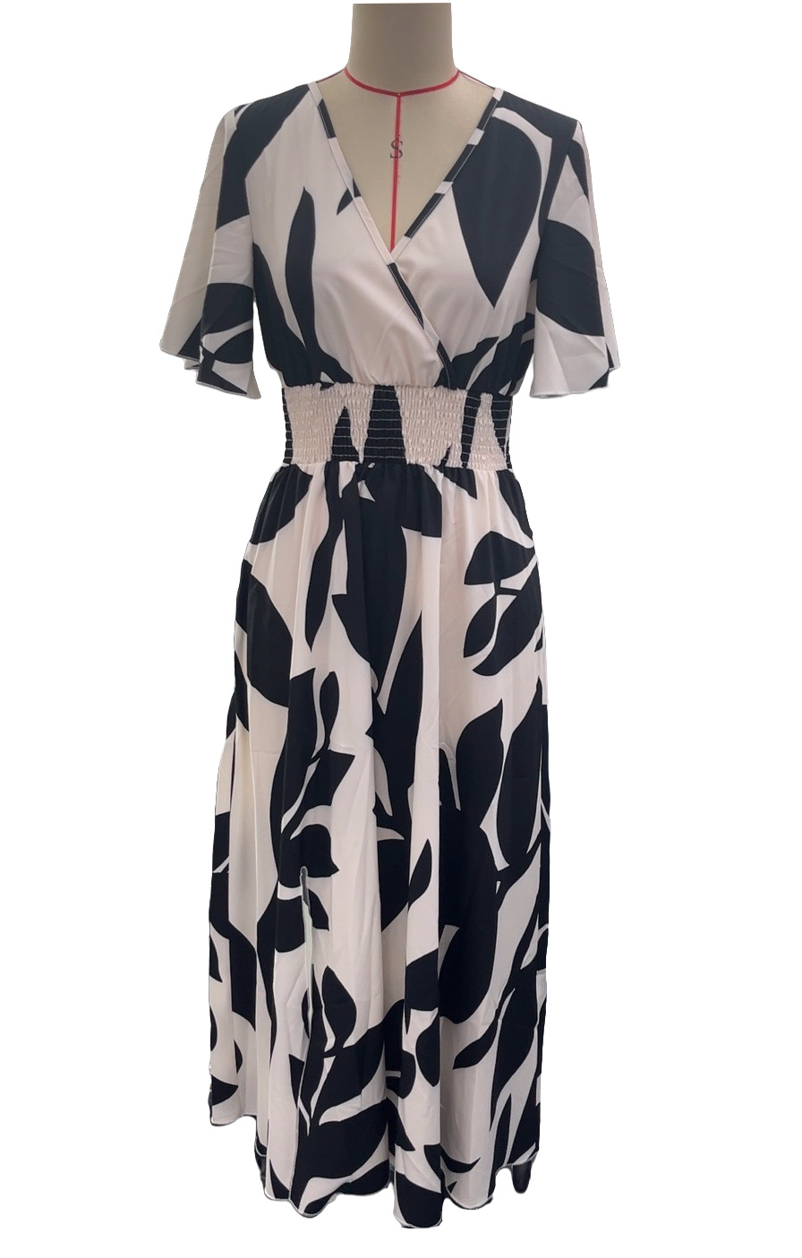 X135 Summer New Elegant Women's Cross Neck Belt Floral Print Slit Dress