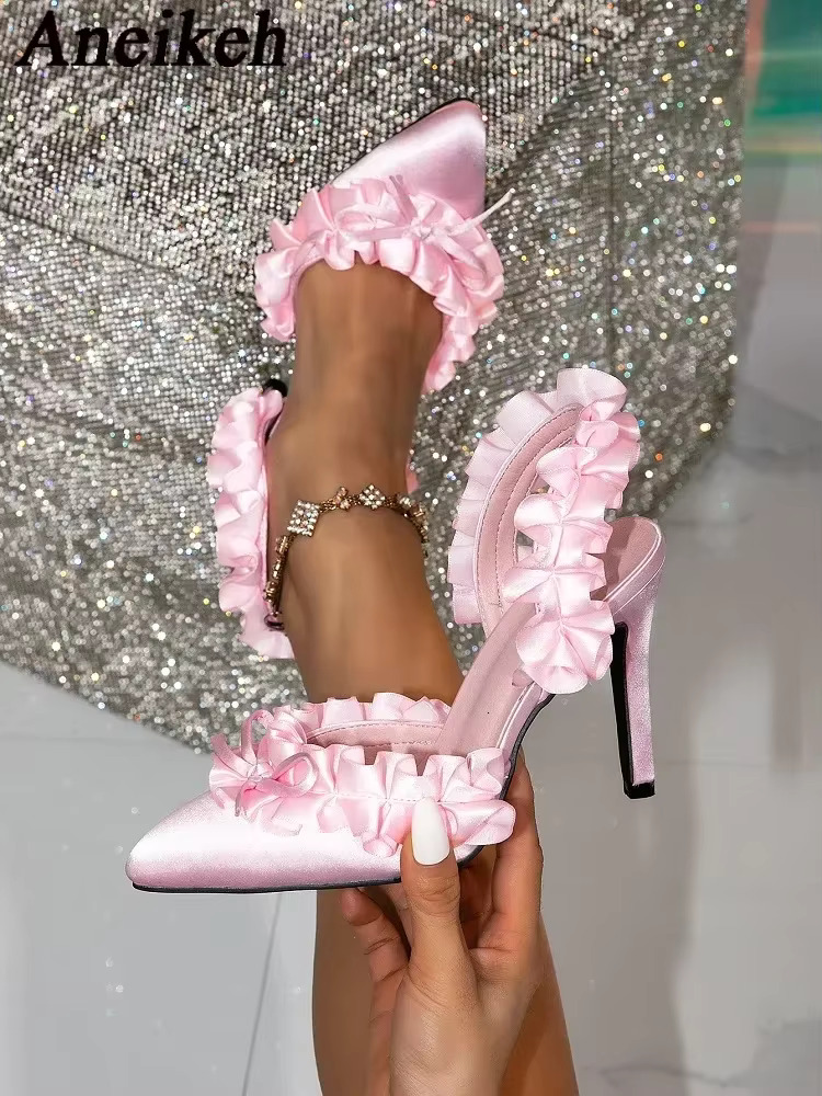Aneikeh 2025 Spring Pink Silk Butterfly-Knot Pointed Toe Women Pumps Sandals Sexy Stiletto High Heels Banquet Prom Shoes