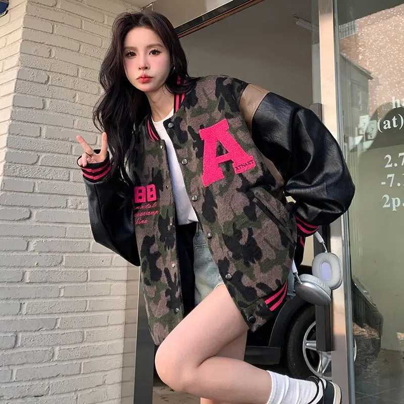 2024 New Camouflage Student Loose American Retro Baseball Jacket Embroidered Letter Design Vintage Baseball Jacket for Girls X250213
