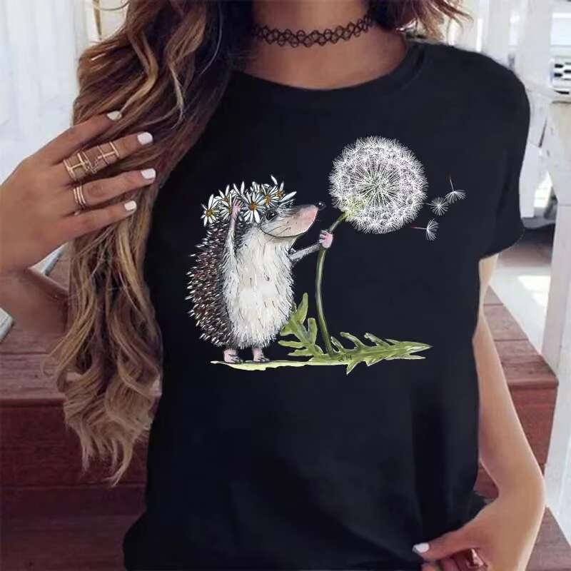 Plus Size Maycaur Cute T-shirt Female Hedgehog Dandelion Print Summer Casual Short Sleeves Tee Tops Kawaii Women Tshirt