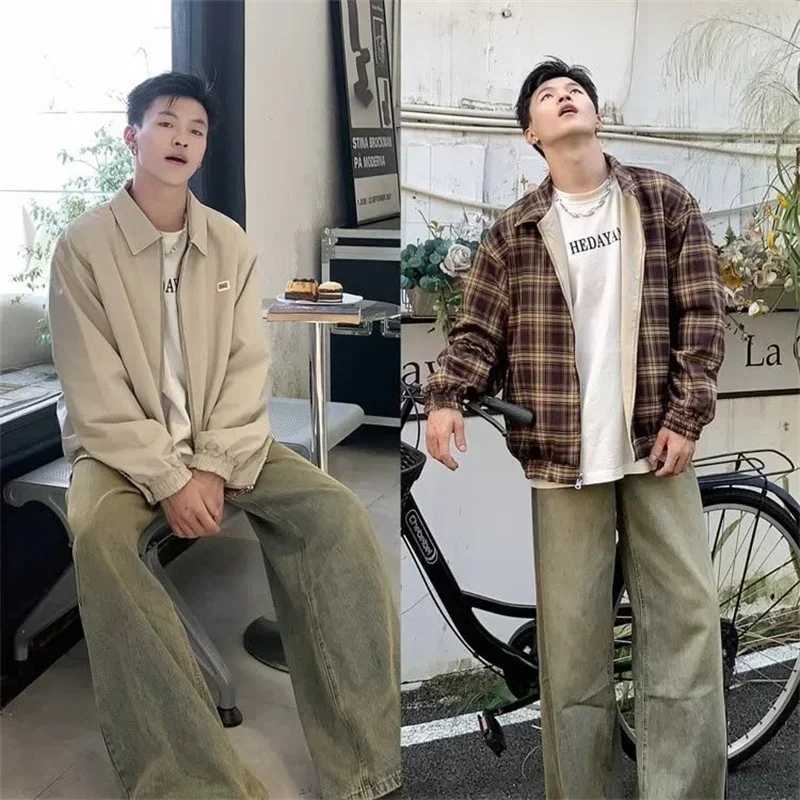 Winter Vintage Plaid Zipper Reversible Jacket For Men Autumn Lapel Baseball Uniform Y2K Streetwear Outerwear Bomber jackets X250213