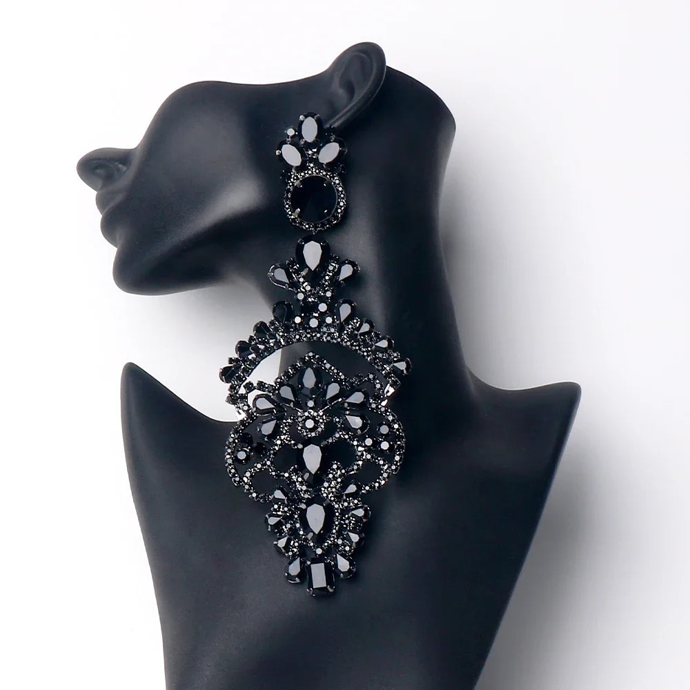 Fashion Lady Black Crystal Exaggerate Earrings Statement Accessories Oversize Rhinestone Large Dangle Earrings Prom Jewelry 250212