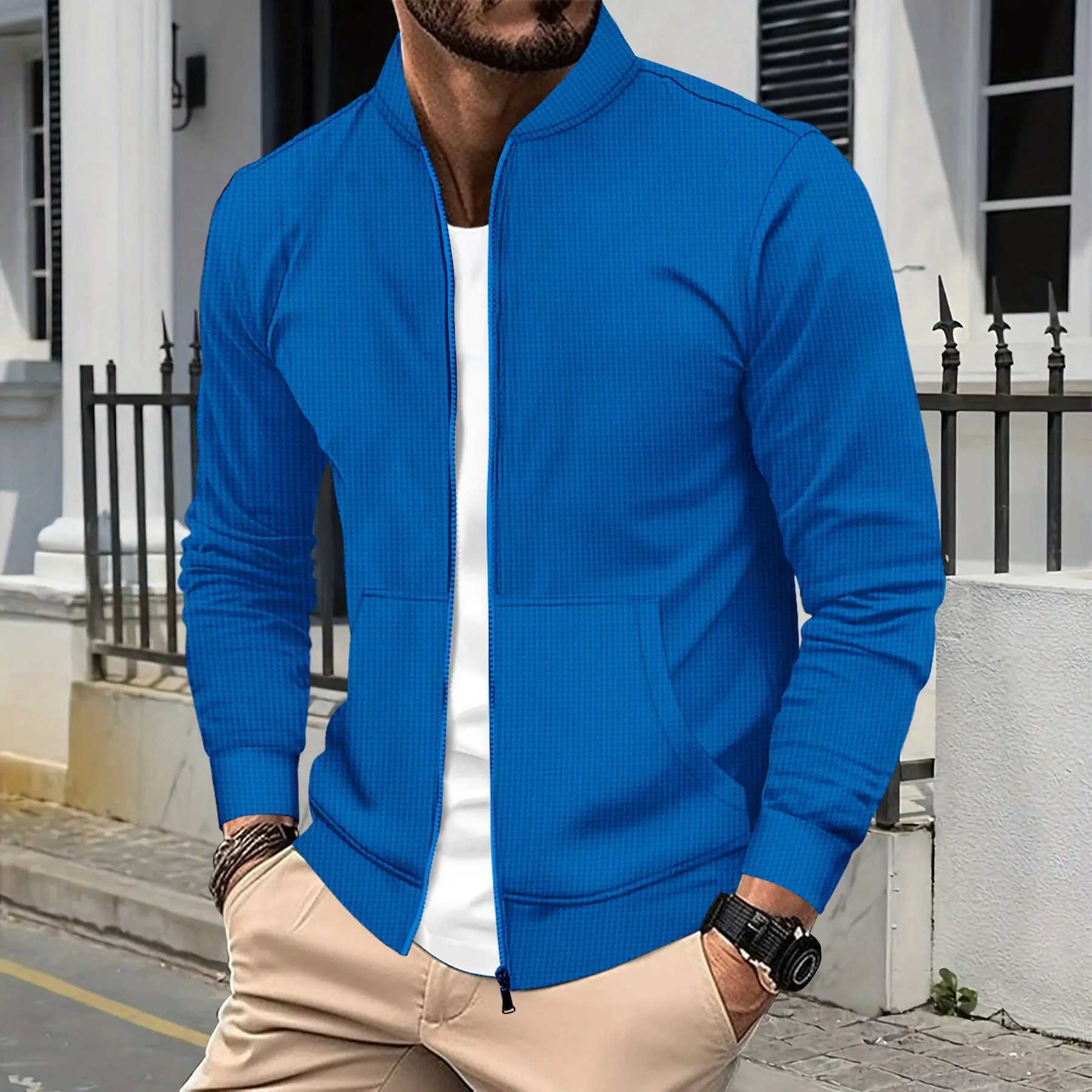 2024 Mens fall/winter new fashion comfort Waffle solid color zipper baseball jacket pocket long sleeve outdoor sports coat X250213
