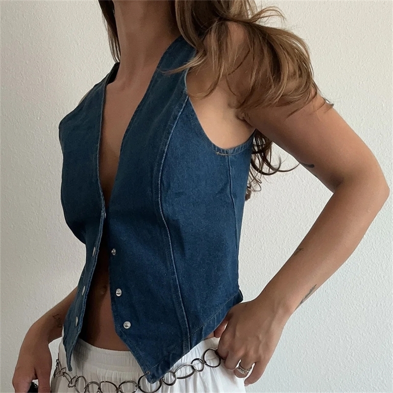 Women Vintage Sleeveless V Neck Button Waistcoat Ladies Solid Color Jean Outwear Vest Jacket Outfits Casual Slim Denim Top 250122