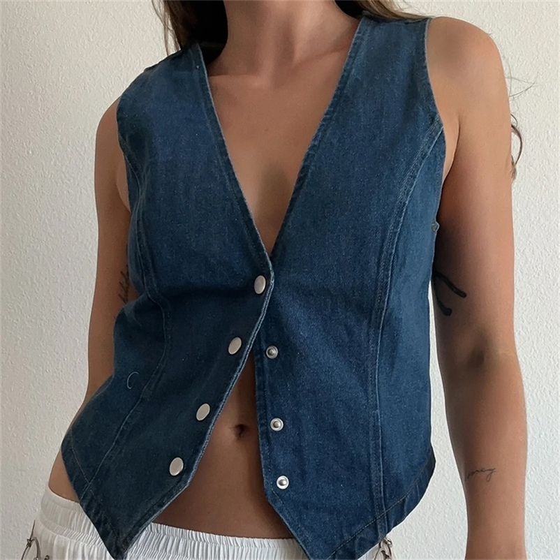 Women Vintage Sleeveless V Neck Button Waistcoat Ladies Solid Color Jean Outwear Vest Jacket Outfits Casual Slim Denim Top 250122