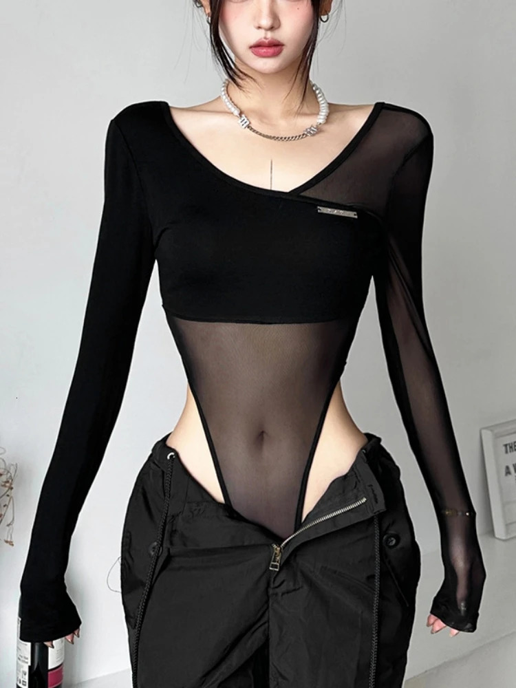 Black See Through Bodysuit Lingerie Sexy Long Sleeve Lenceria Femenina VNeck OnePieces Body Feminino Backless Tops For Women 250211