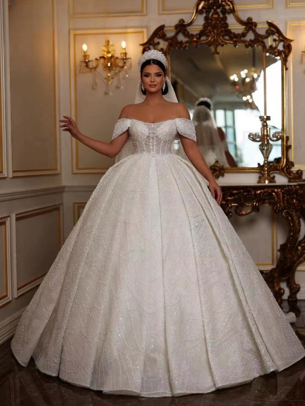 Elegant Ball Gown Wedding Dress For Women Off Shoulder Sleeveless Bridal Gowns Sequins Sweep Train Dresses Custom Made vestidos de novia