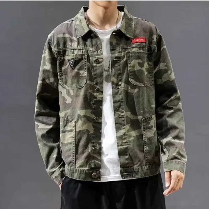 Mens Green Camouflage Denim Jackets New Casual Comfortable Multi-pocket Jean Coats Male Thin Pilot Combat Cargo Outwear X250213