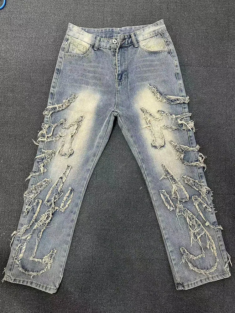 mens Y2k fashion hip-hop bag patch work denim pants womens high waisted Trousers street retro primitive edge embroidered black jeans 250210