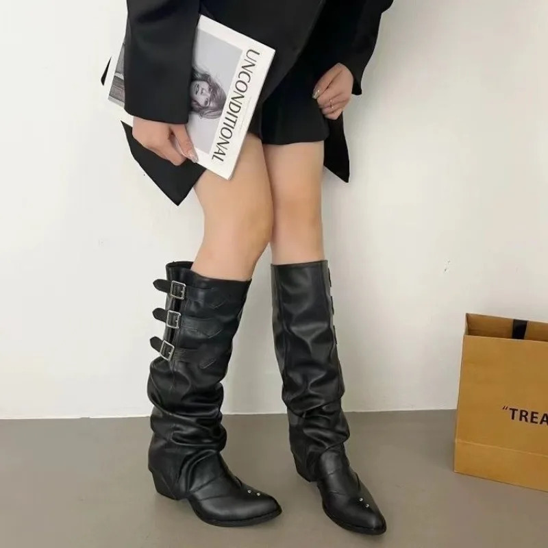 High Quality Punk Y2k Gothic Style Vintage Motorcycles Western Boots for Women Black Rivets Knee Boot Shoes 250118