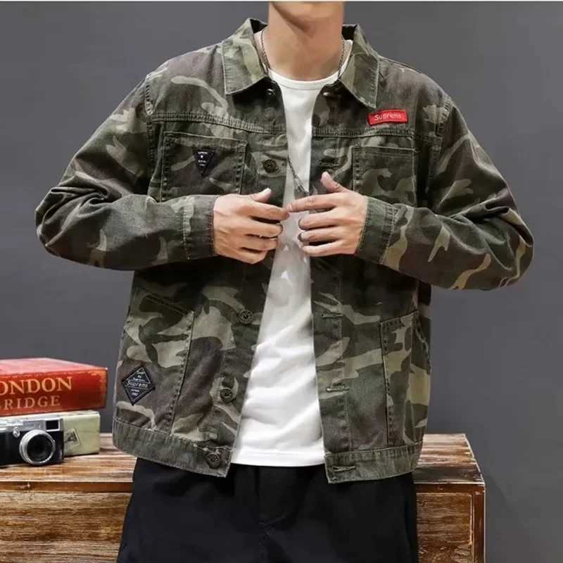 Mens Green Camouflage Denim Jackets New Casual Comfortable Multi-pocket Jean Coats Male Thin Pilot Combat Cargo Outwear X250213