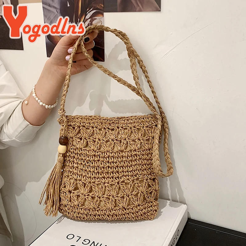 Yogodlns Bohemian Straw Bag Women Casual Travel Beach Bags Fashion Handmade Shoulder Bag Kintted Crossbody Bag Tassel Handbag 250207