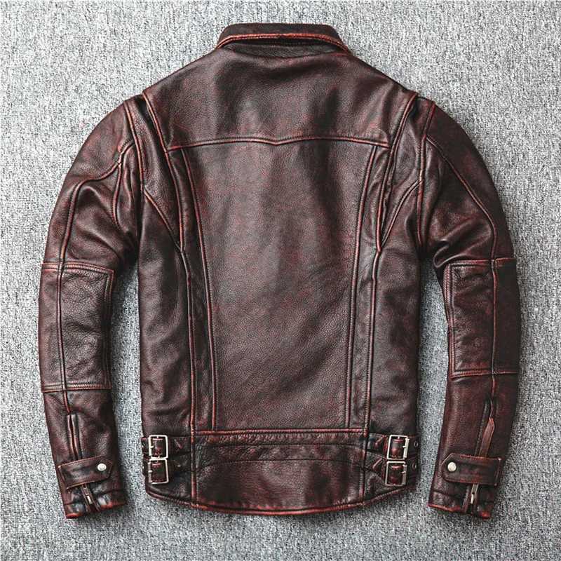 Red-Brown American Retro Motorcycle Style Distressed High Sense Classic Genuine Leather Jacket Vintage Quality Cowhide Coat 6XL X250213