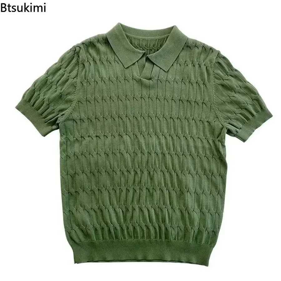 Summer Mens Jacquard Knitted Polo Shirts Stylish V-neck Short-sleeved Lapel Knit Pullover Tops Mens Business Casual Wear T-shirt X250213