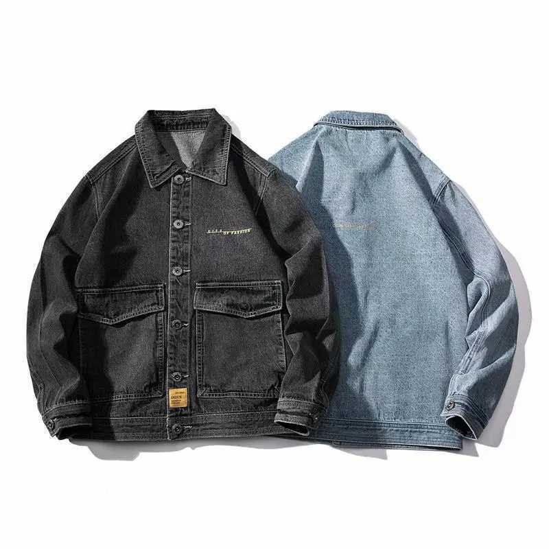 Mens Loose Jeans Jacket Fashion Streetwear Blue Dark Gray Denim Coat Outwear X250213