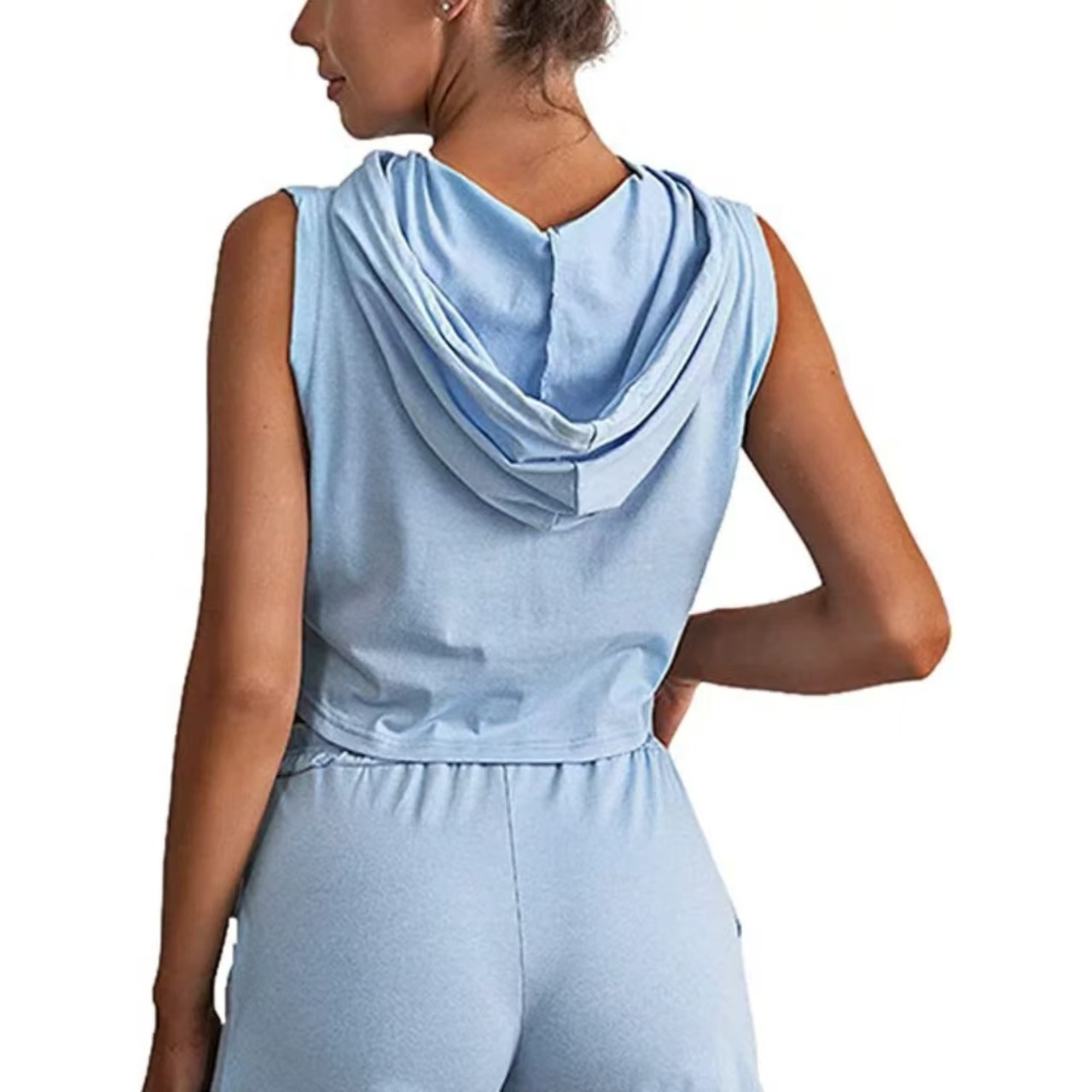 a2304 Women Sports Hooded Tank Suit Yoga Jogging Two Piece Set Summer Sleeveless Fitness Sweatshirt Workout Hoodie Shorts Jogger Suit Gym Tracksuit