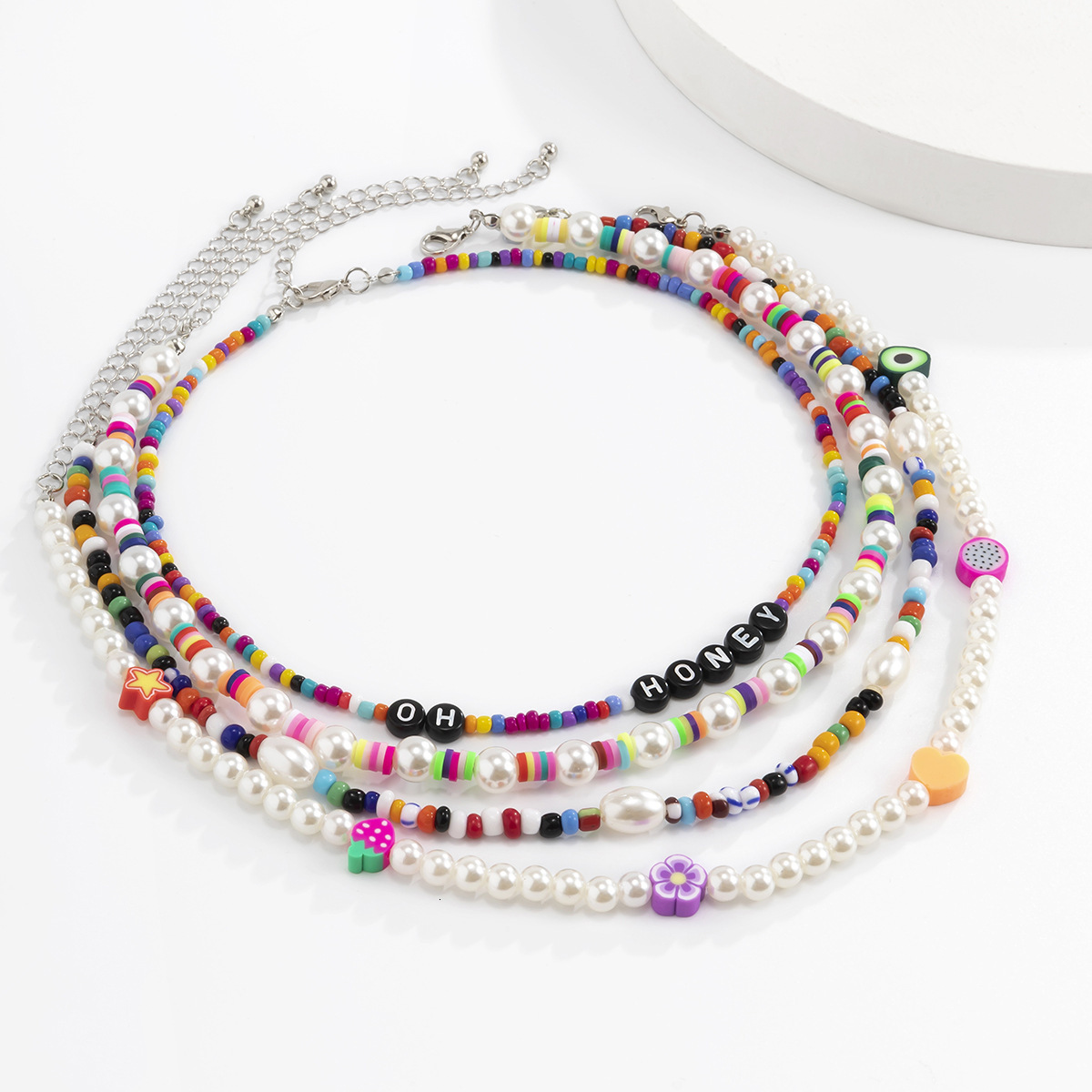 fashion Woman Accessories Bohemian mixed color bead soft pottery imitation pearl heart-shaped letter necklace