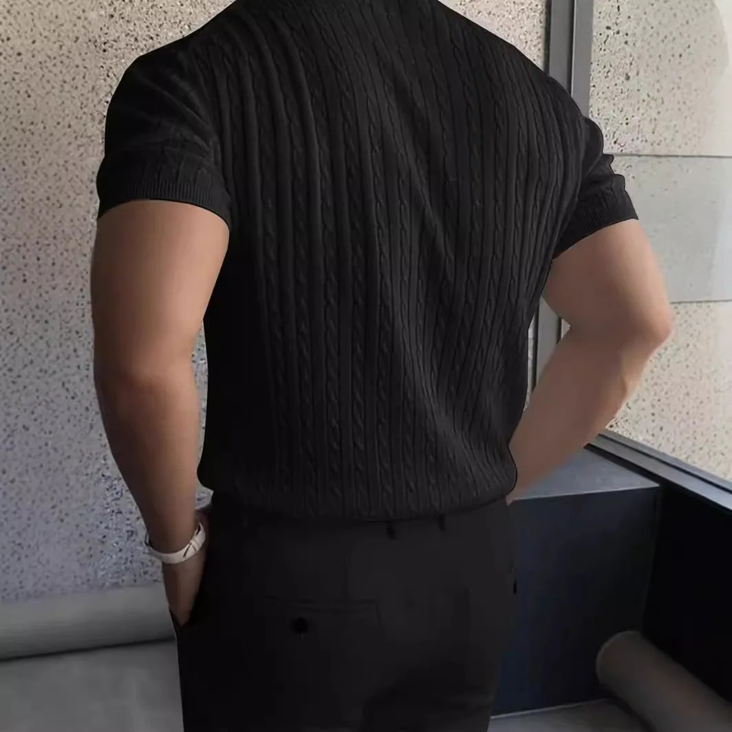 Autumn Knitted Round Neck Short Sleeve Mens Loose Polo Neck Short Sleeve Top Casual Sports T-shirt 250208