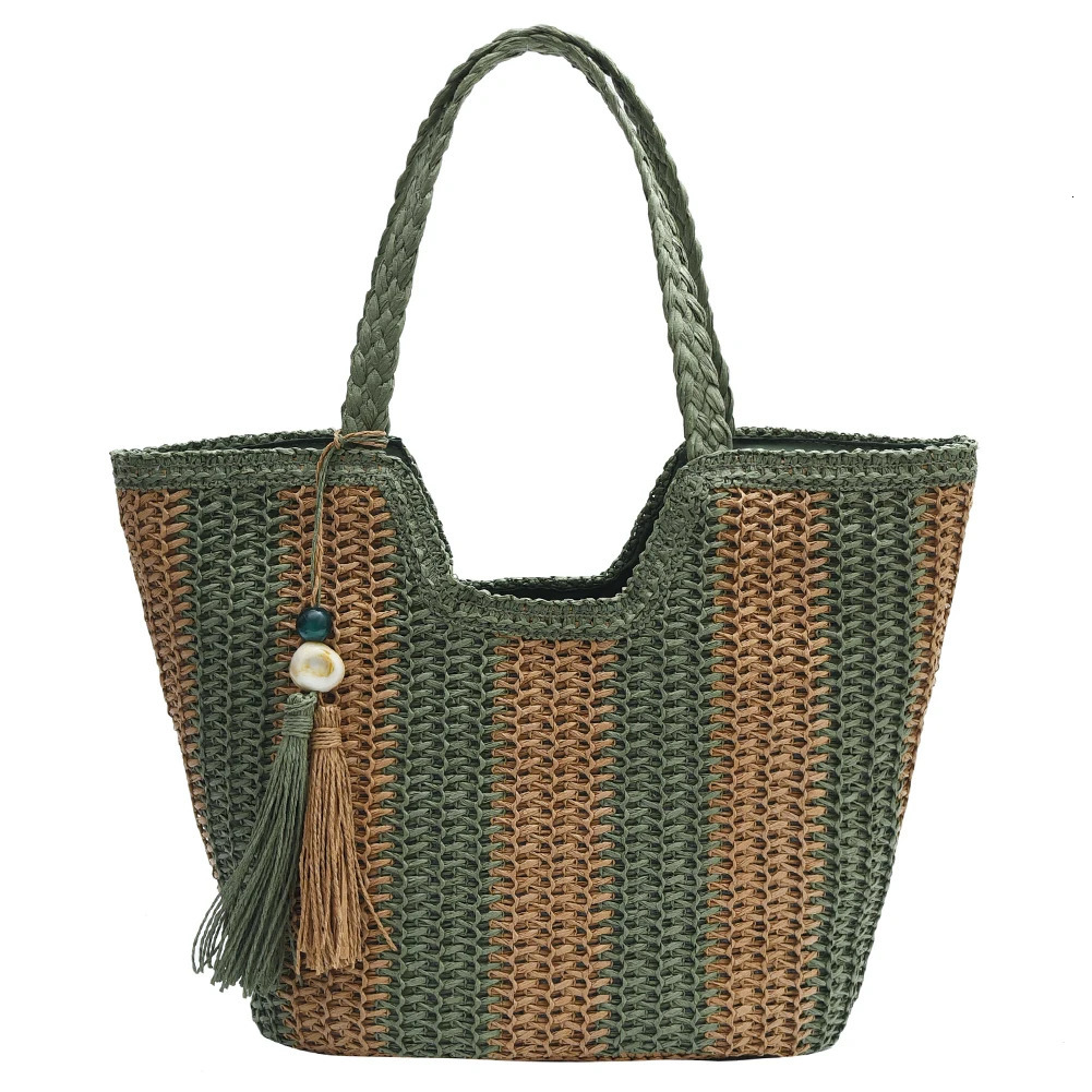 Striped Straw Beach Bag Large Vacation Bag Woven Holiday Travel Handbag with Tassel for Women Work Travel Vacation 250207