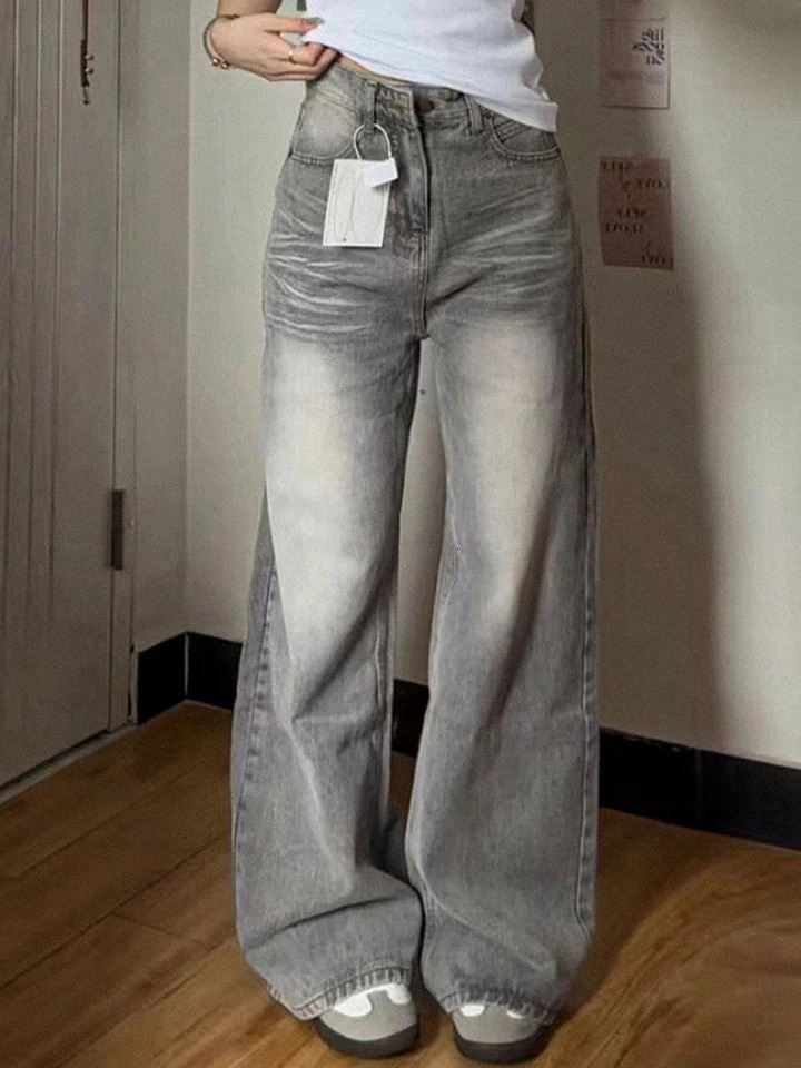 Jmprs Harajuku Streetwear Jean Vintage High Waist Y2K Grey Denim Pants Casual Loose Female Hip Hop American Trousers Fall 250121