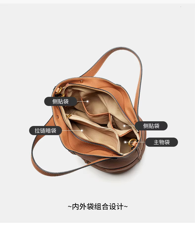 2024 Niche Texture Versatile New First Layer Cowhide Commuter Large Capacity Bucket Bag Elegant One-Shoulder Cross-Body Hand Bag