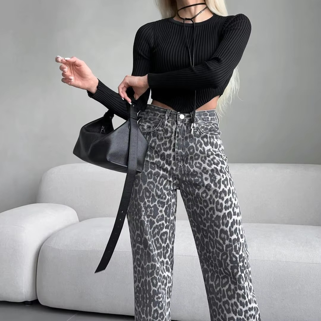 2025 New Spring And Summer Fashion Baggy Leopard High-Waisted Straight Leg Button Pants Leisure Elastic Women Jeans