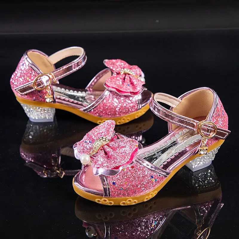 Sandals Girls Sandals Summer 2021 New Childrens Princess Shoes Little Girls High-heeled Bow-knot Crystal Sandals Party Dress Wedding H250212