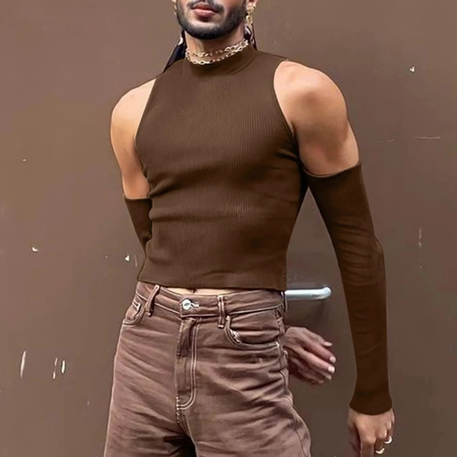 Mens Hollow Out Long Sleeve T Shirt Casual Turtleneck Sweatshirt Streetwear Sexy Crop Off Shoulder Tops Summer 250206