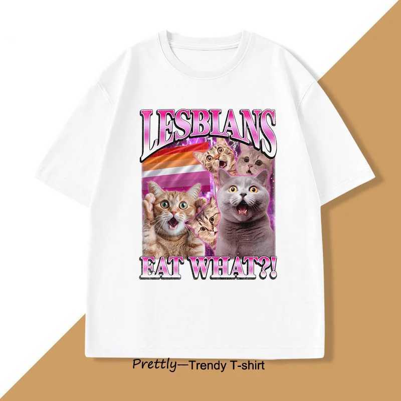 Lesbians Eat What T-Shirt Funny Cat Pride Thirt LGBTQ T-Shirt Meme Vintage Cats Lover T Round Neck Cotton Short Slve Ts X250213