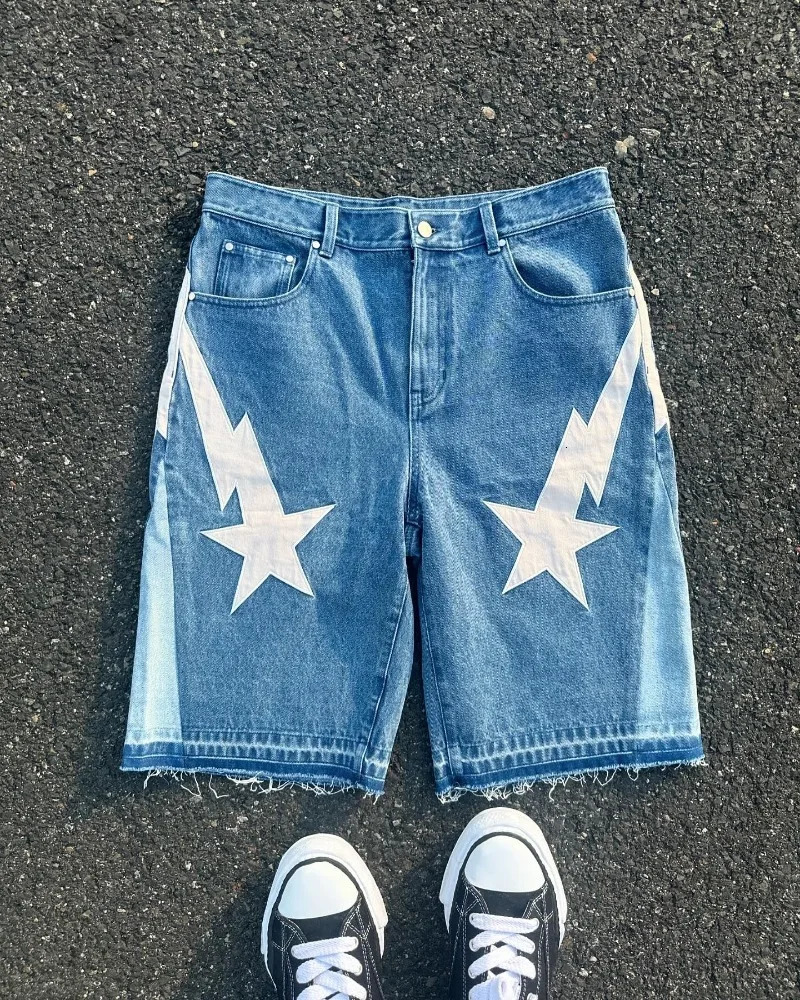 American fashion trend Street style wide-leg Jeans for men Y2k embroidered baggy jeans Goth punk High street casual shorts 250210