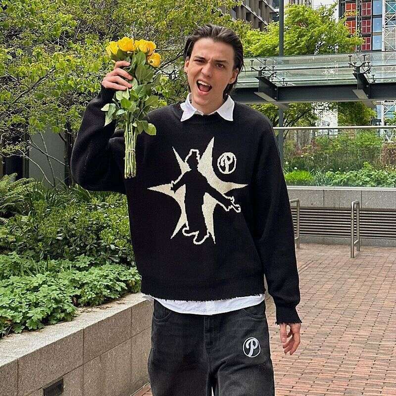 New hip-hop streetwear knitted men's Gothic printed pullover autumn Harajuku women's sweater