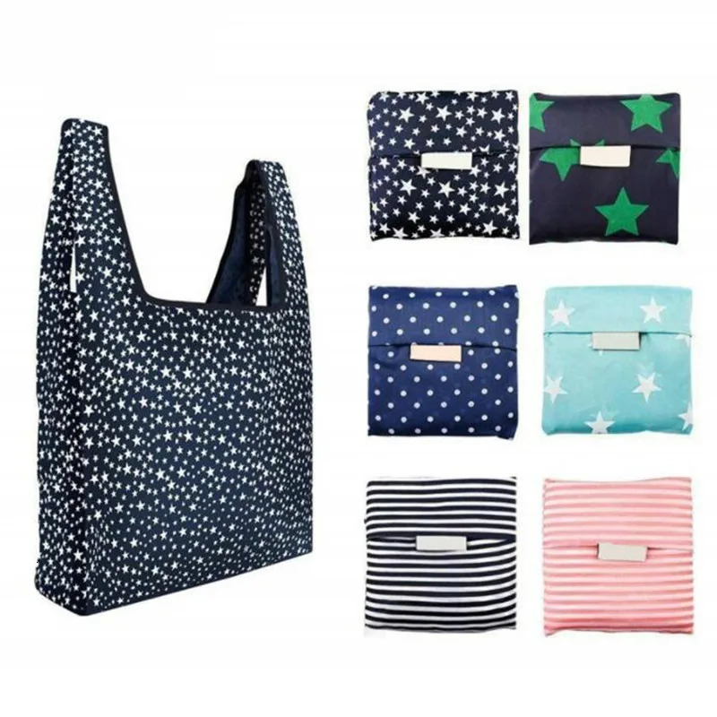 Portable Reusable Shopping Bag Sweet Striped Dots Largecapacity Grocery Tote Pouch Eco Bags Folding Storage Convenient Handbags 250121
