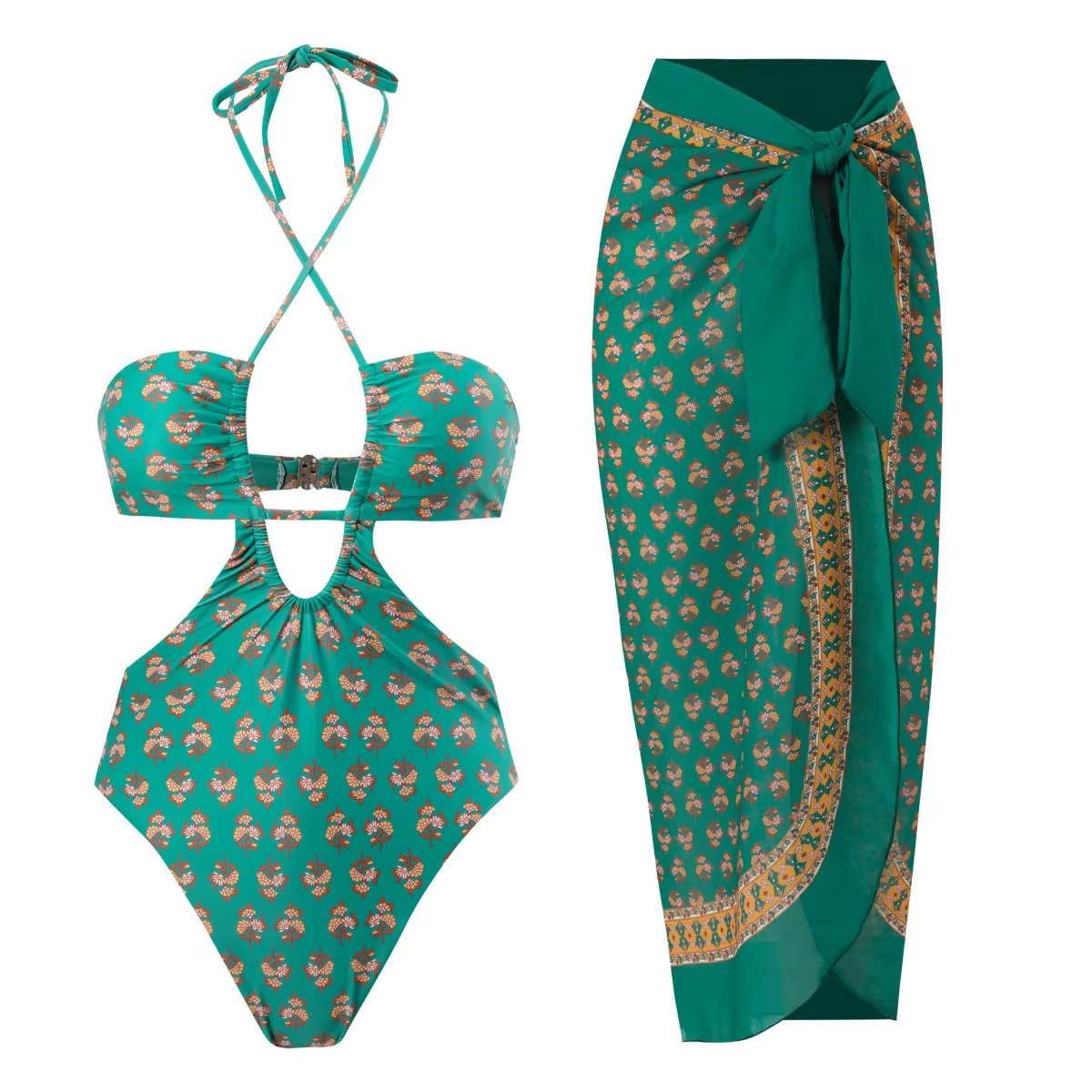 2023 High Leg One Piece Swimwear Women Print Swimsuit Cut Out Bathing Suit Cross Beach Wear Bodysuit Monokini Summer