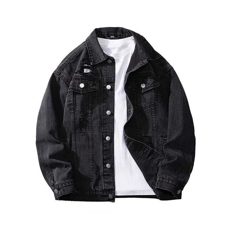 Mens Hole Jeans Jacket Black Blue Denim Coat Casual Outerwear Fashion Outfit for Men Retro Clothing X250213