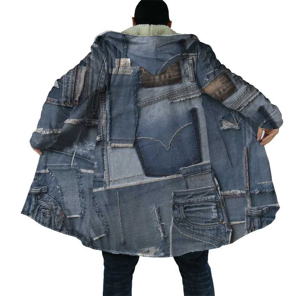 HX Winter Cape Fake Vintage Denim UK Flag Pocket 3D Printed Hooded Cloak for Men Windproof Fleece Hoodie Mens Coats Dropshipping X250213