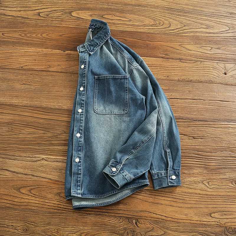 4XL Heavyweight Thickened Workwear Denim Shirt for Men American Vintage American Retro Distressed Washed Loose Shirt Jacket Coats X250213