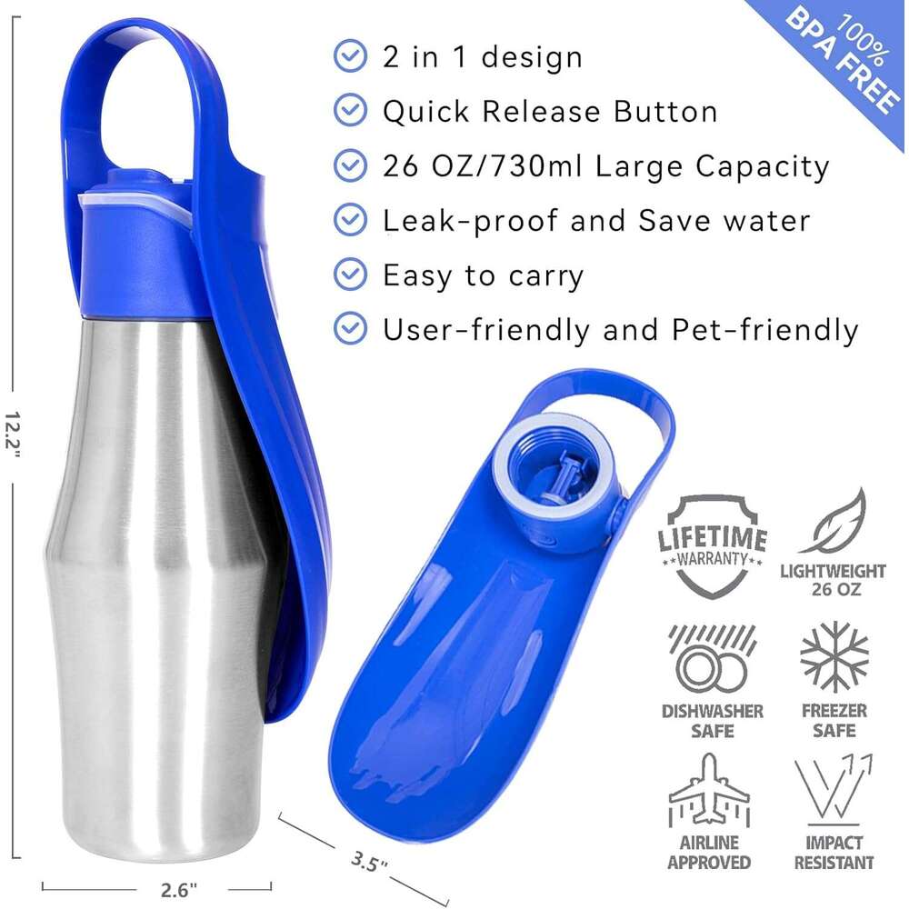 DHPET Dog Water Bottle Portable Stainless Steel Convenient Pet Water Dispenser Leak Proof Puppy Travel Water Bowl for Dog Outdoor Walking Hiking 27OZ