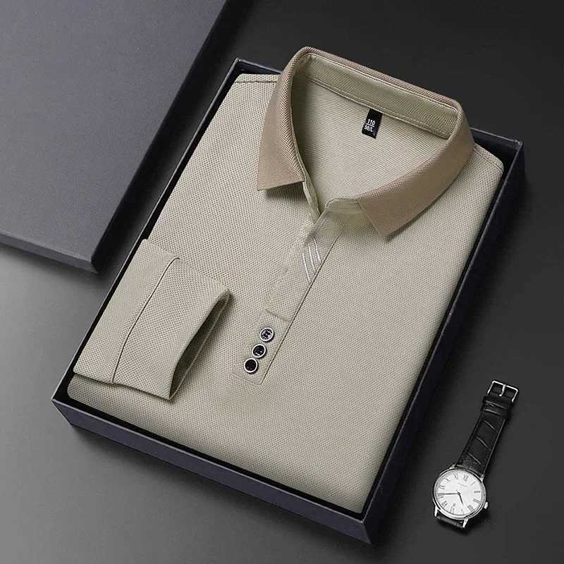 2025 Waffle Mens Long Sleeve T-shirt Spring Lapel Business Casual Polo Shirt Elastic Base Shirt Top New Men Clothes X250213