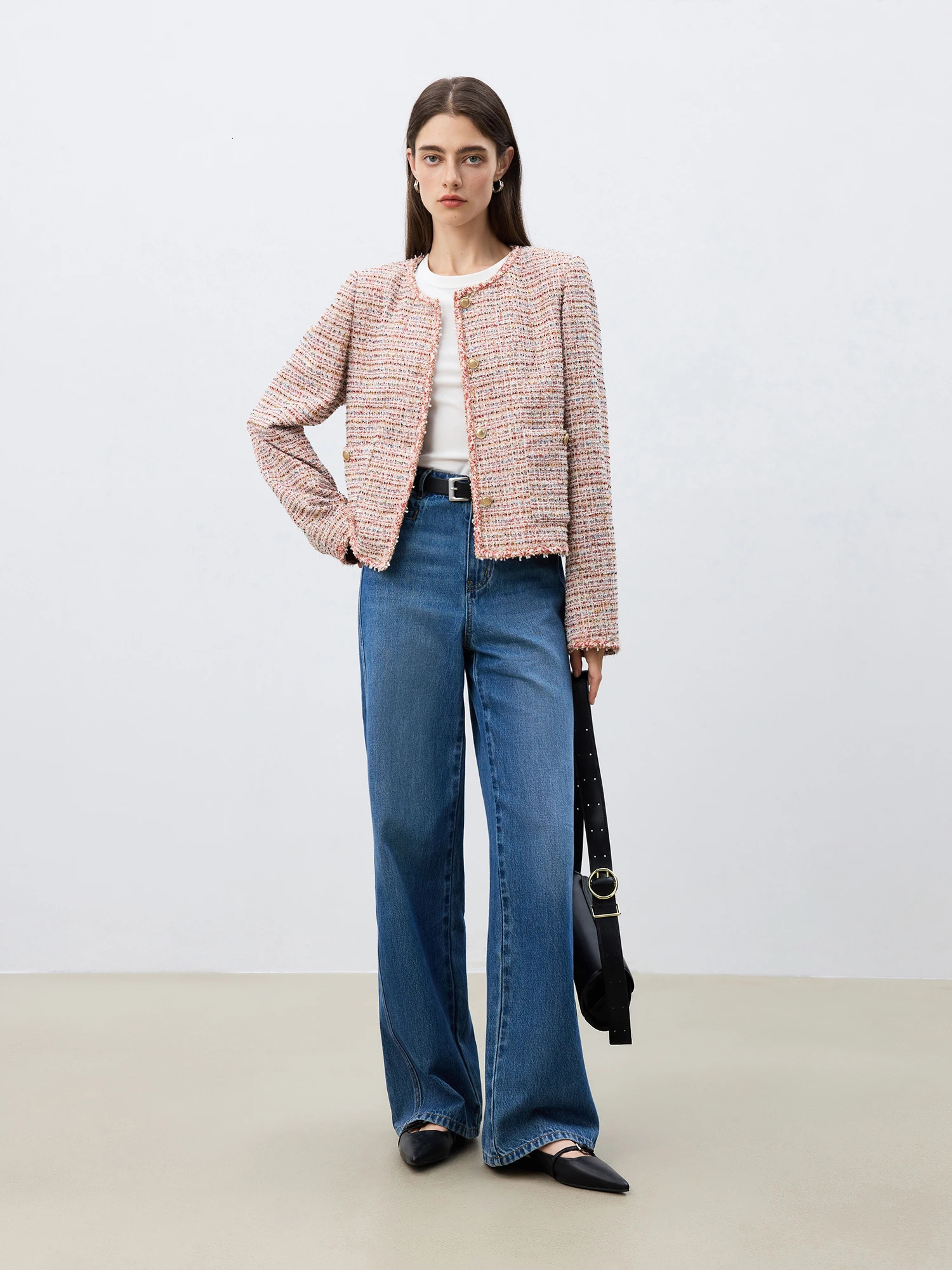 ZIQIAO Women T Jackets Spring Casual Short Coats Front Shoulder Round Neck Pink Jacket 25ZQ91184 250122